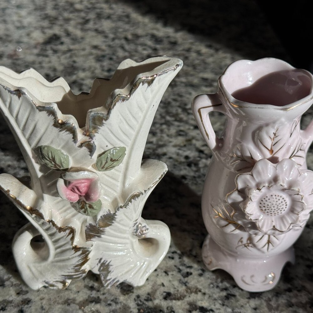 Vintage Floral Porcelain Vases Set Pink White Gold Trim Cottage